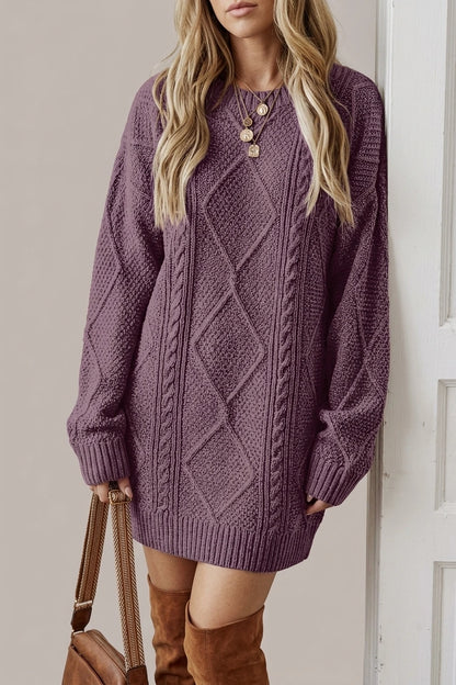 Purple Cable Knit Sweater Dress with Round Neck — variant_front