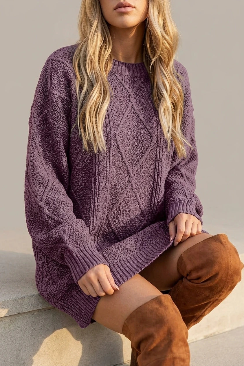 Purple Cable Knit Sweater Dress with Round Neck — variant_front