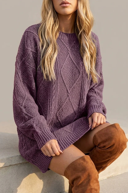 Purple Cable Knit Sweater Dress with Round Neck — variant_front