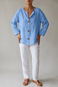 Polyester Relaxed Fit Blouse Button Front Tunic 3/4 Sleeve