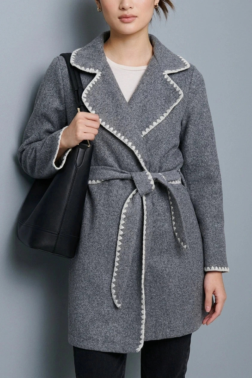 Blanket Stitch Coat With Belt, Notch Collar Tie-Waist Coat