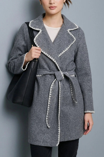 Blanket Stitch Coat With Belt, Notch Collar Tie-Waist Coat