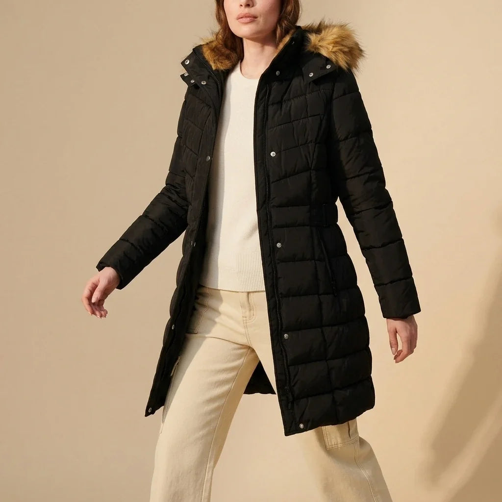 Hooded Faux Fur Trim Longline Jacket — variant_front