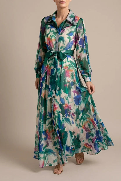 Carolina | Long Sleeve Printed Belted Maxi Dress — variant_front