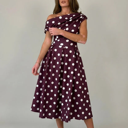 Betty Asymmetric Neckline Skater Midi Berry Polka — variant_front