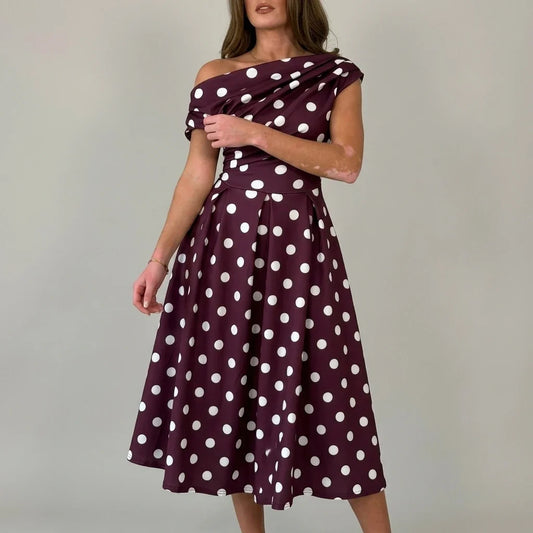 Betty Asymmetric Neckline Skater Midi Berry Polka — variant_front