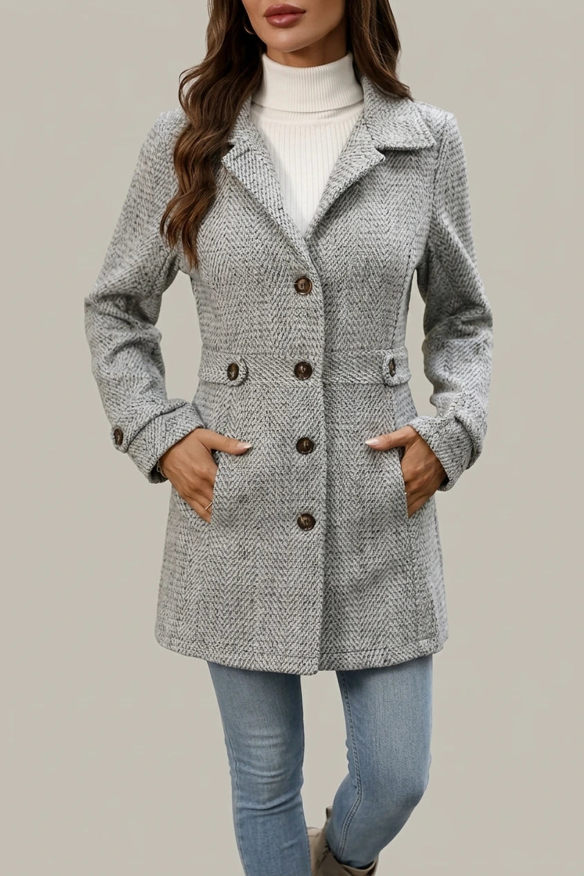 Grey Herringbone Wool Coat with Cinched Waist — variant_front