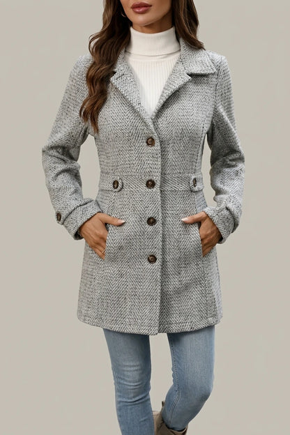 Grey Herringbone Wool Coat with Cinched Waist — variant_front