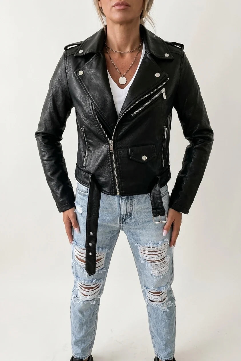 Black Faux Leather Biker Jacket with Asymmetric Zip and Belt — variant_front