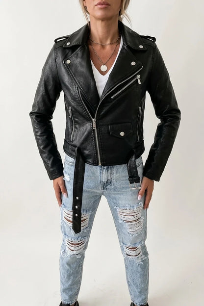 Black Faux Leather Biker Jacket with Asymmetric Zip and Belt — variant_front