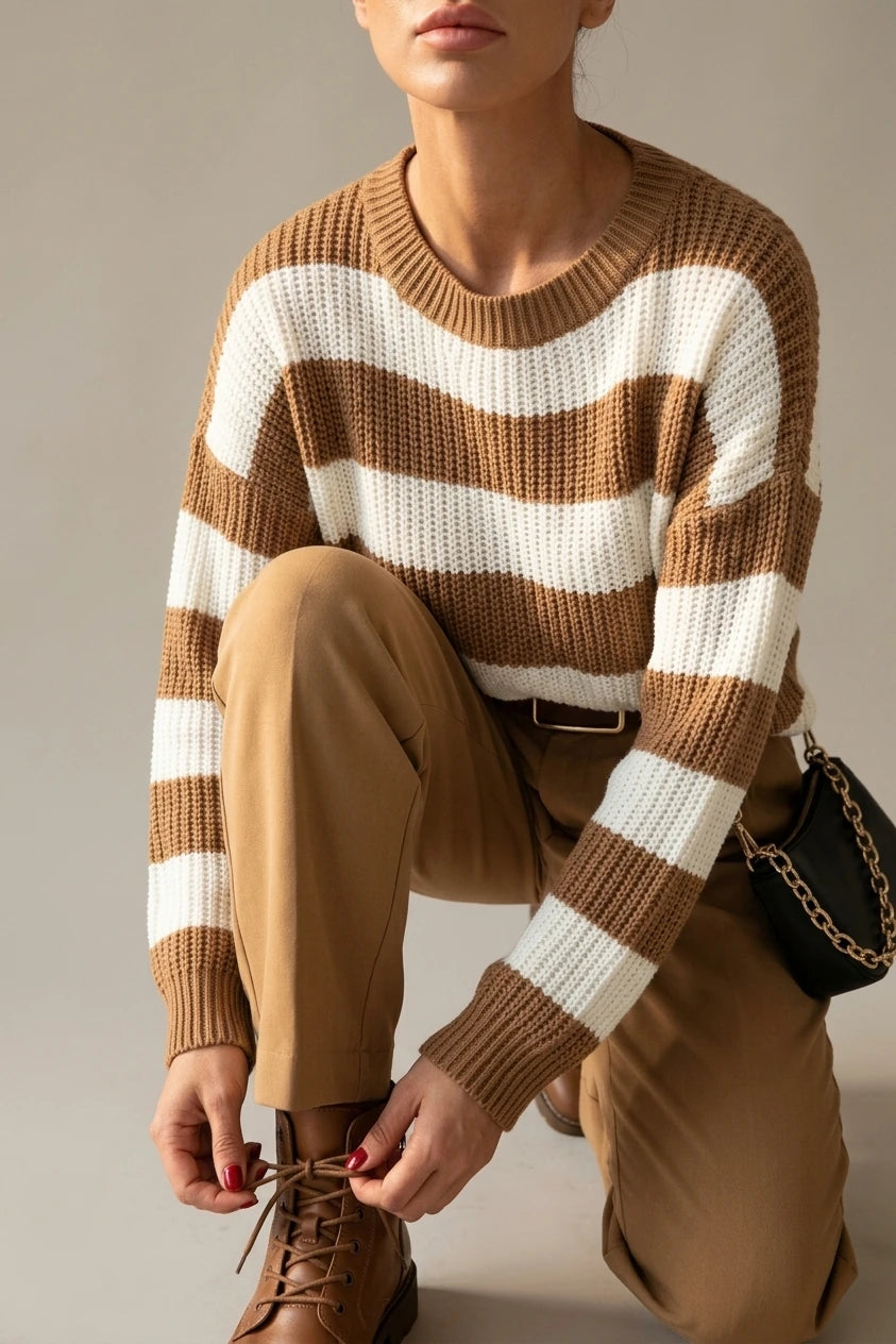 Cosy Striped Knit Sweater with Crew Neck and Ribbed Cuffs — variant_front