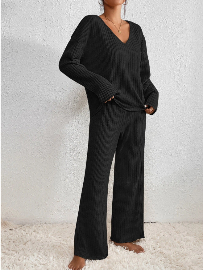 Cosy Ribbed Knit Two Piece Set with V-Neckline and Wide Leg Trousers
