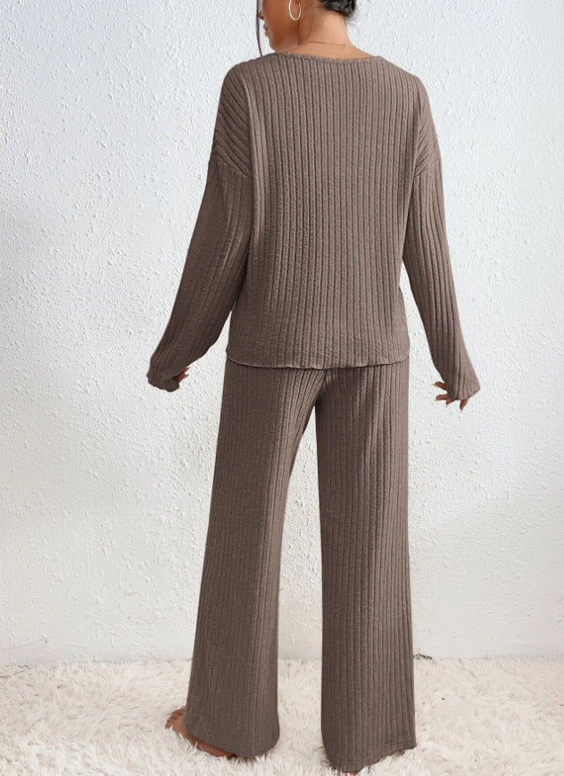 Cosy Ribbed Knit Two Piece Set with V-Neckline and Wide Leg Trousers