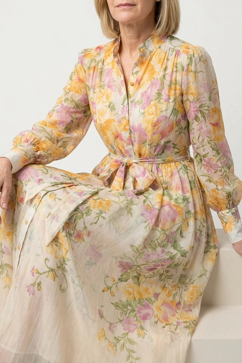 Floral Sheer Long Sleeve Maxi Dress With Tie Waist Button Front