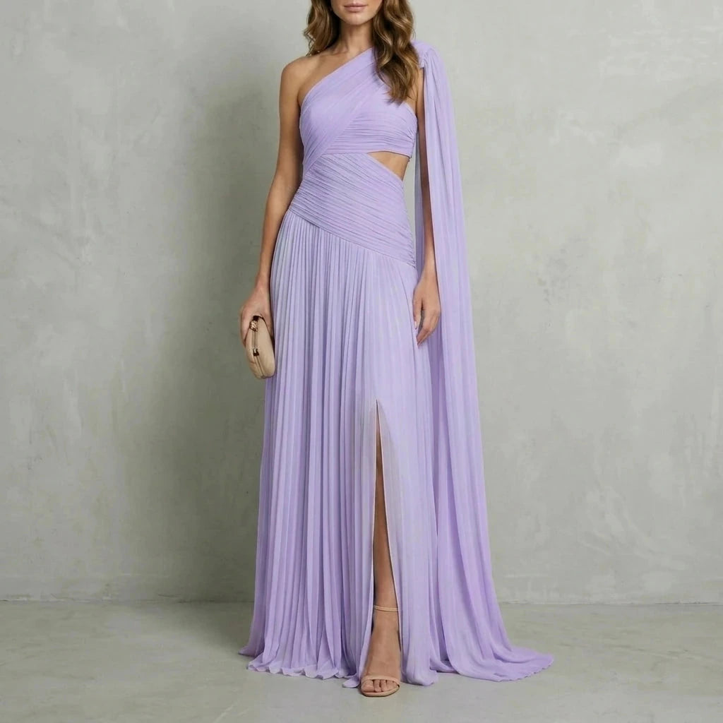 Ethereal Chiffon Drape Maxi Dress One-Shoulder Ruched Waist High Slit