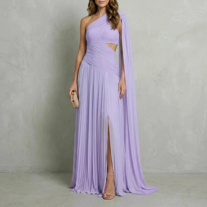 Ethereal Chiffon Drape Maxi Dress One-Shoulder Ruched Waist High Slit