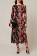 Abstract Long Sleeve Flared Midi Dress With Crew Neck