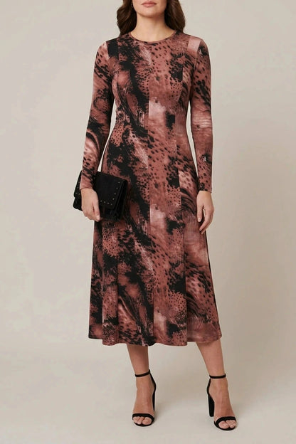Abstract Long Sleeve Flared Midi Dress With Crew Neck