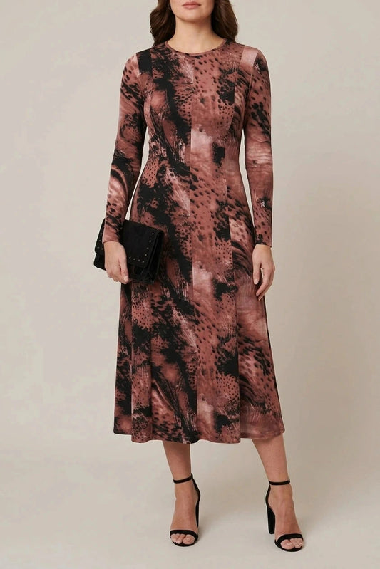 Abstract Long Sleeve Flared Midi Dress With Crew Neck
