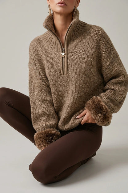 Cozy Half Zip Chunky Knit Sweater with Fur Cuffs — variant_front