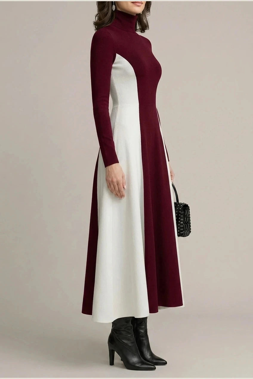 Sculpted Contrast Turtleneck Maxi Dress Fit-and-Flare Julia & Anne Dress Co