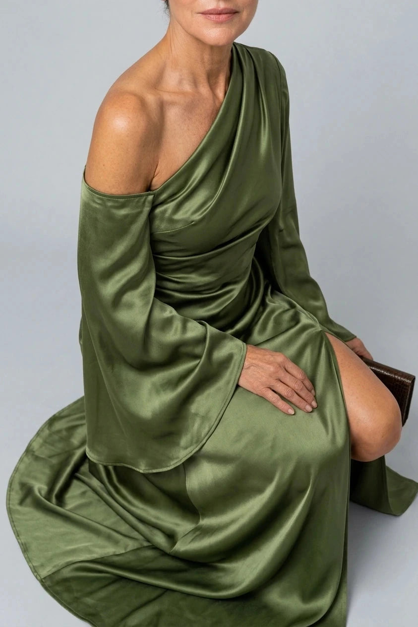 One Shoulder Cape Sleeve Maxi Dresses Draped Satin With High Side Split