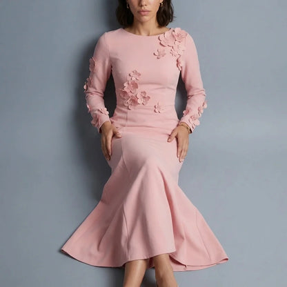 3D Floral Appliqué Long Sleeve Maxi Dress – Pink Wedding Guest Dress for Women — variant_front
