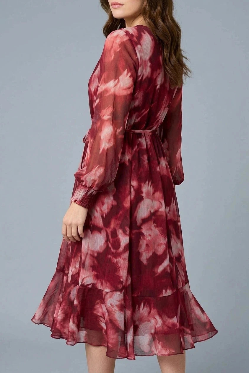 Abstract Floral Semi Sheer Midi Dress V-Neck Tie Waist Long Sleeves
