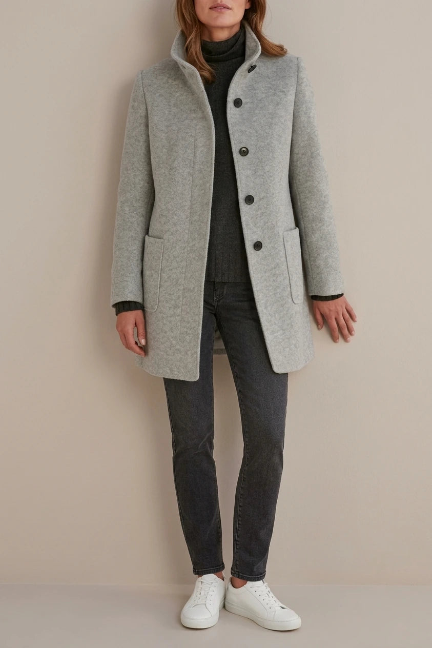 Women's Stand Collar Coat with Button Front and Patch Pockets — variant_front
