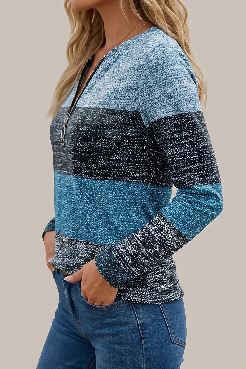 Striped Long Sleeve Top with Quarter Zip Neckline — variant_front