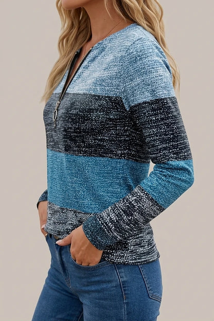 Striped Long Sleeve Top with Quarter Zip Neckline — variant_front