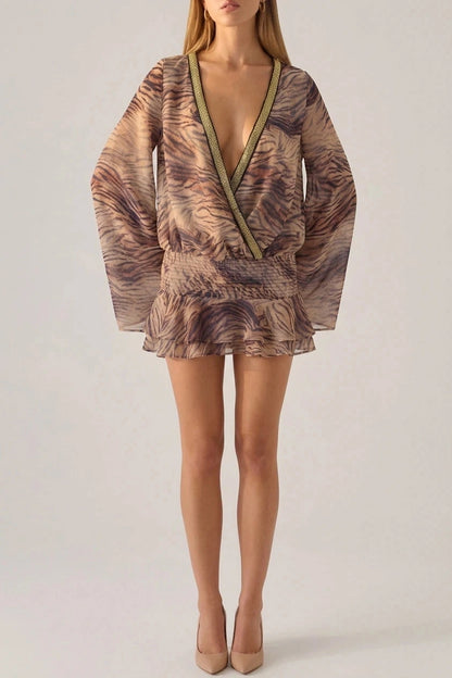 Plunge V Neck Animal Print Mini Dress With Beaded Trim