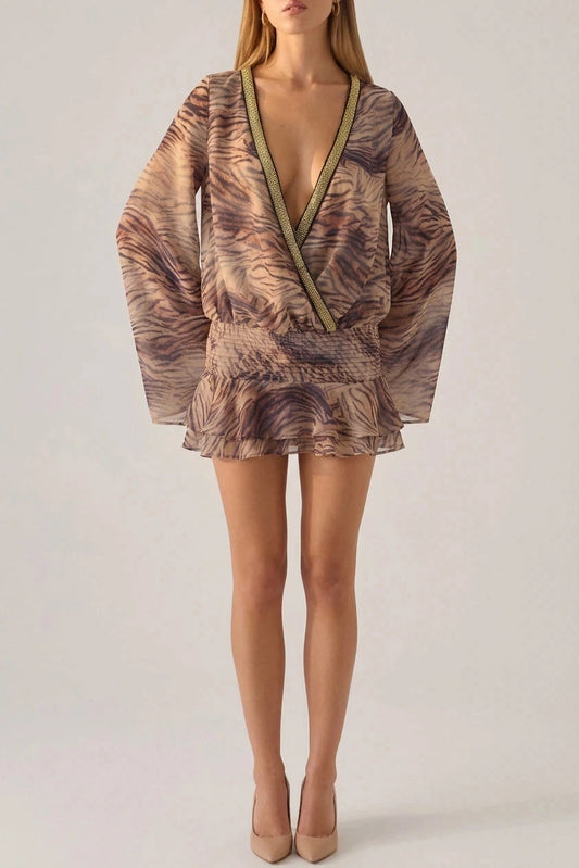 Plunge V Neck Animal Print Mini Dress With Beaded Trim