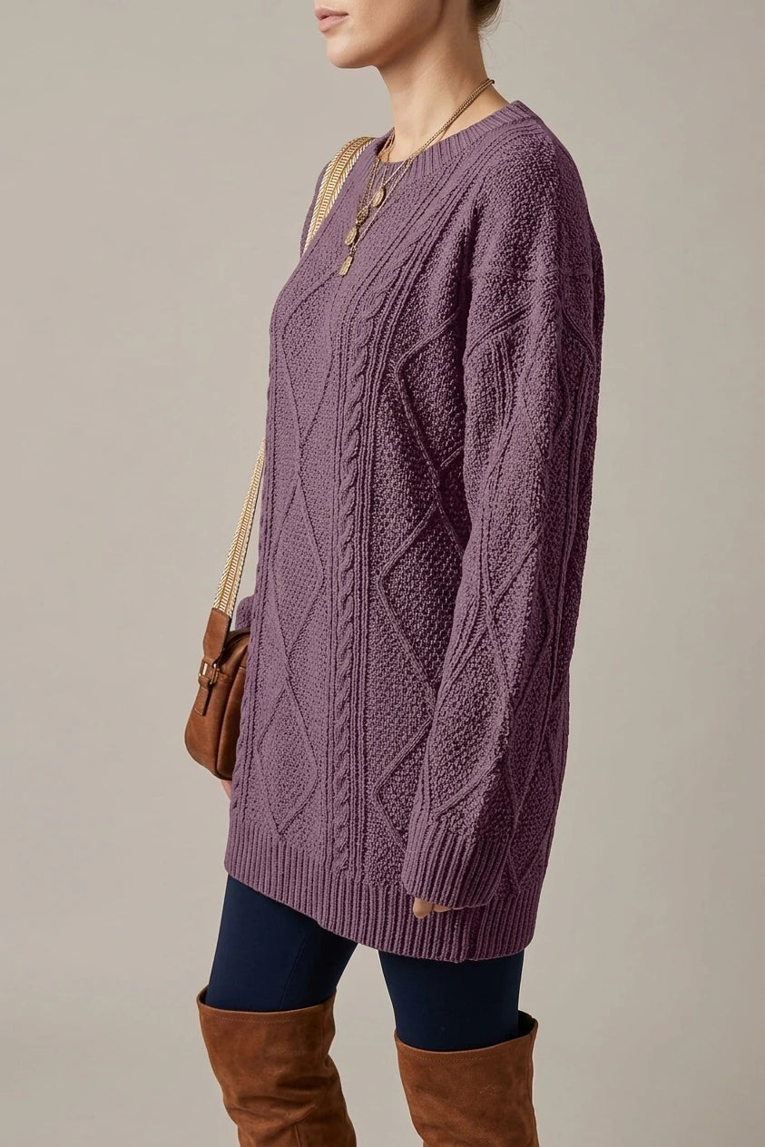 Purple Cable Knit Sweater Dress with Round Neck — variant_front