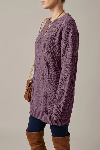 Purple Cable Knit Sweater Dress with Round Neck — variant_front