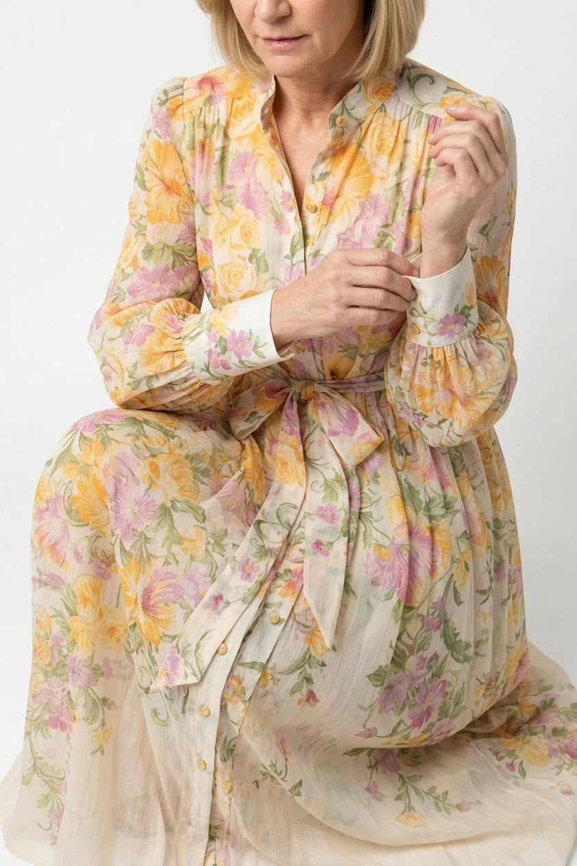 Floral Sheer Long Sleeve Maxi Dress With Tie Waist Button Front