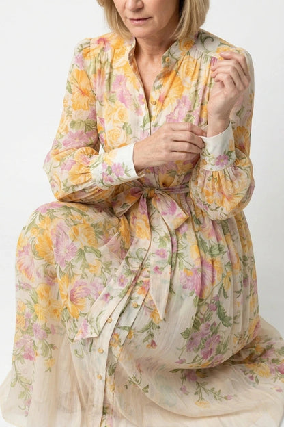 Floral Sheer Long Sleeve Maxi Dress With Tie Waist Button Front