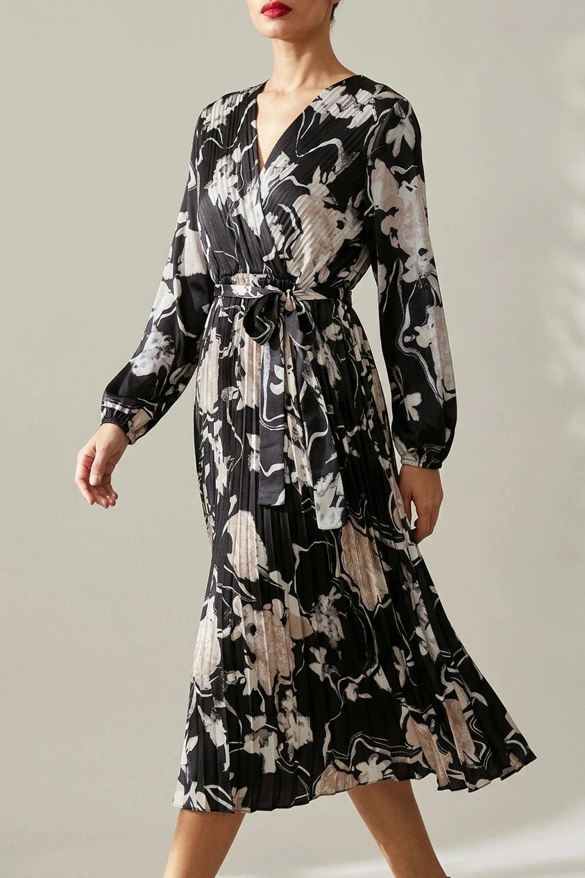 Floral Satin Pleated Midi Dress With Wrap Tie Waist V-Neck Long Sleeve