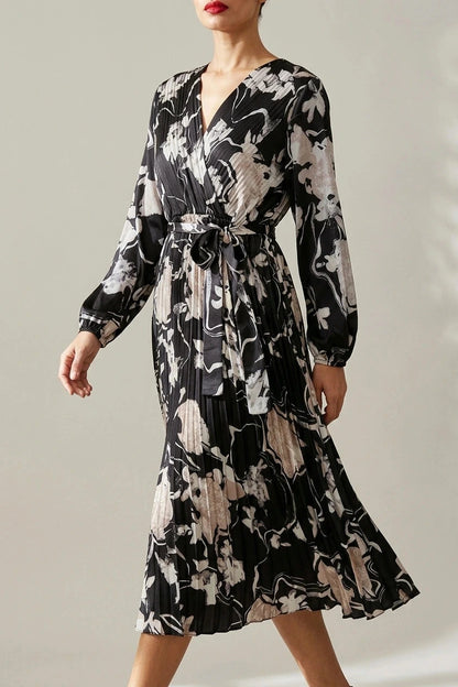 Floral Satin Pleated Midi Dress With Wrap Tie Waist V-Neck Long Sleeve