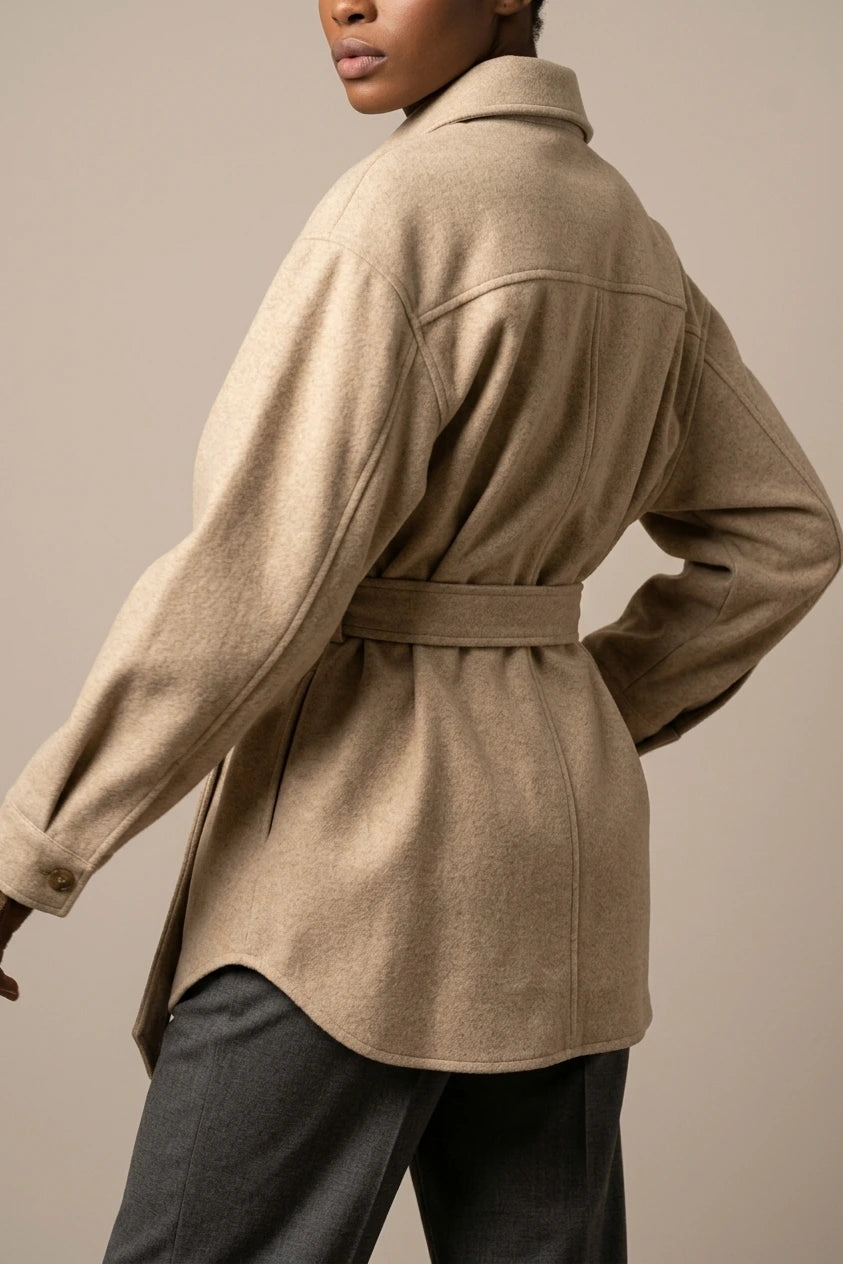 Women's Belted Shacket with Button Front and Chest Pockets — variant_front