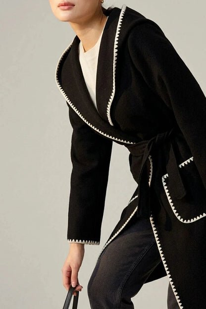 Blanket Stitch Tie Waist Longline Coat Hooded Belted With Patch Pockets