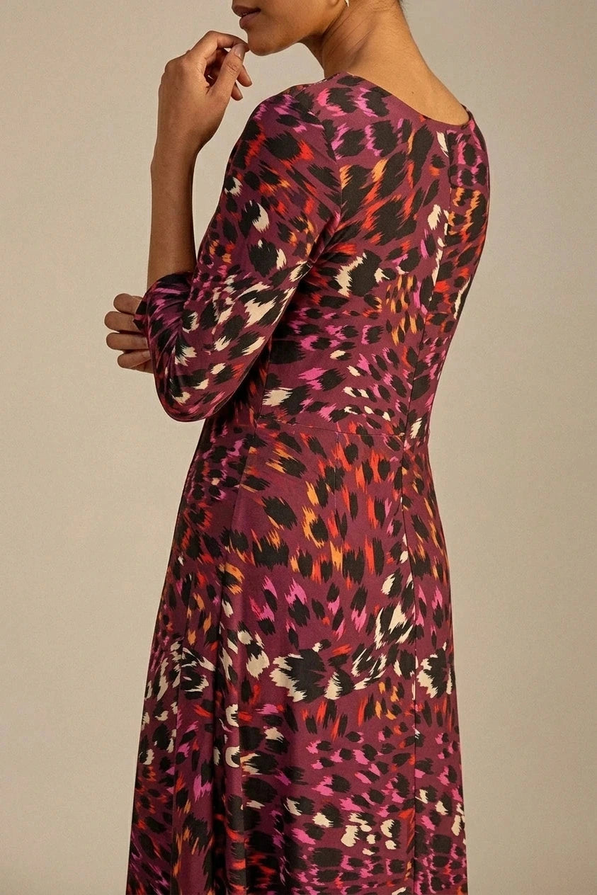 Animal Print Hanky Hem Jersey Dress 3/4 Sleeve Asymmetric Midi