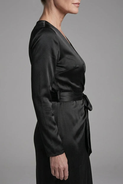 Satin Wrap Midi Dress With V-Neck Tie Waist And Long Sleeves