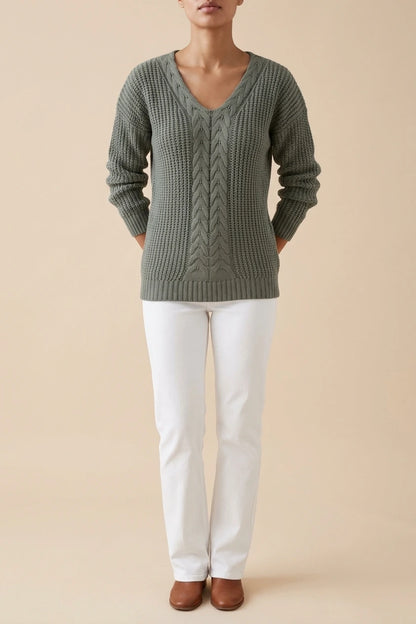 Cable Knit Sweater with V-Neckline and Ribbed Cuffs — variant_front