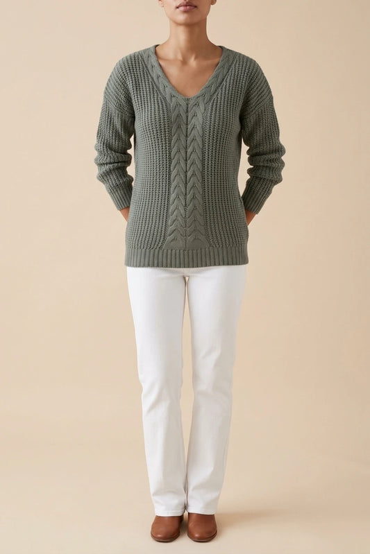 Cable Knit Sweater with V-Neckline and Ribbed Cuffs — variant_front