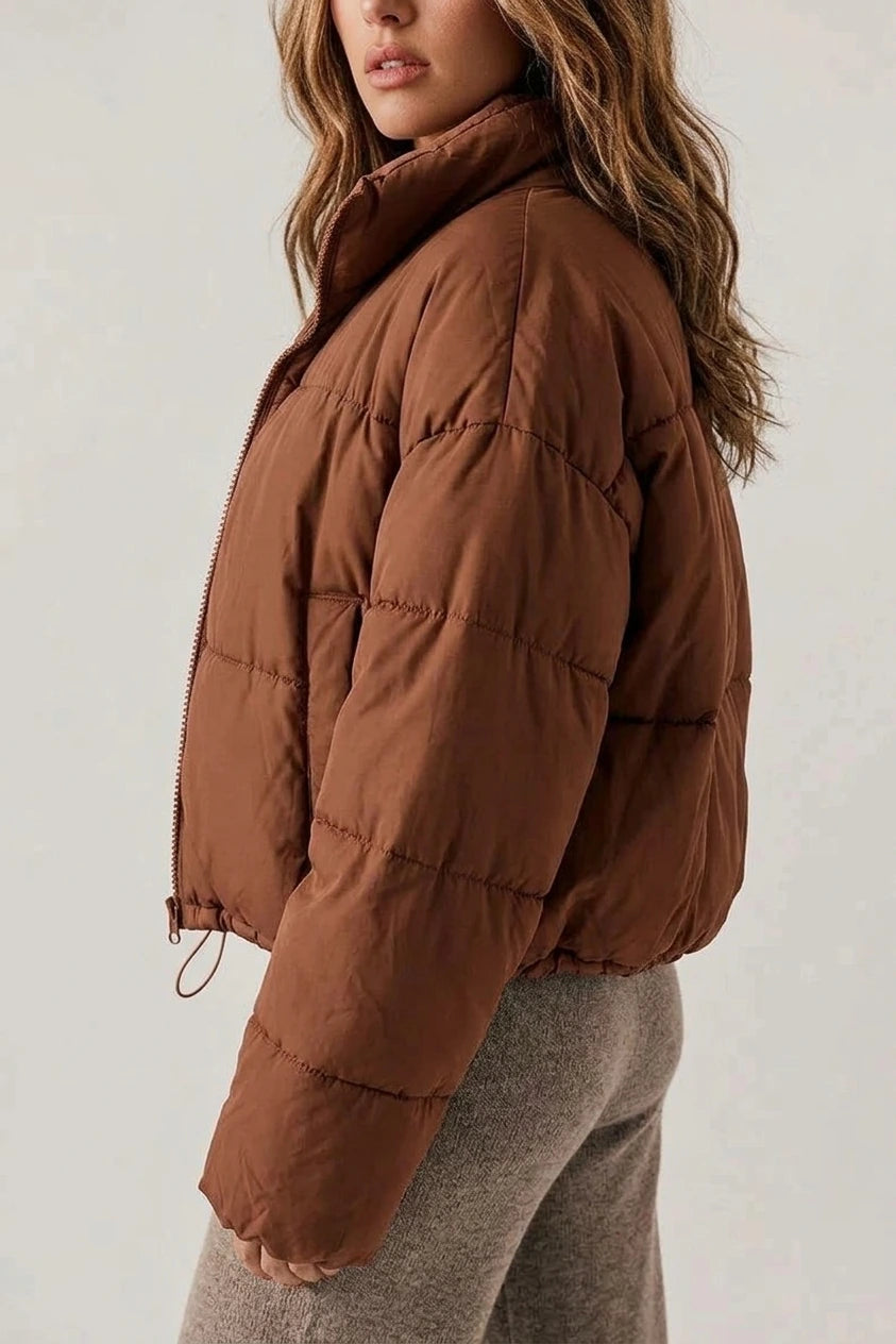 Cropped Puffer Jacket with Stand Collar and Drawcord Hem — variant_front