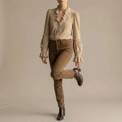 Embroidered Velvet Blouse Lace-Trimmed Romantic Floral Statement Top