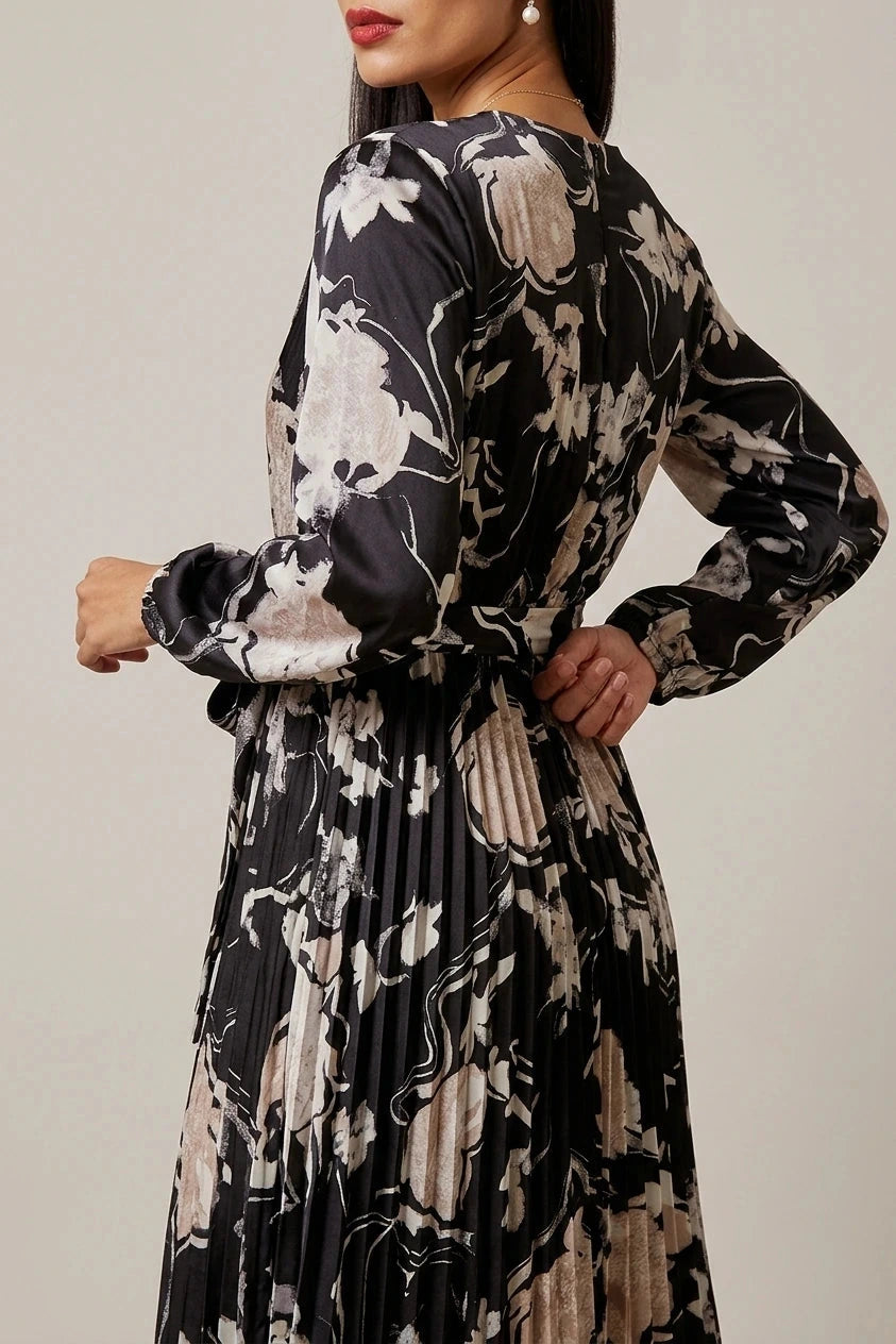 Floral Satin Pleated Midi Dress With Wrap Tie Waist V-Neck Long Sleeve