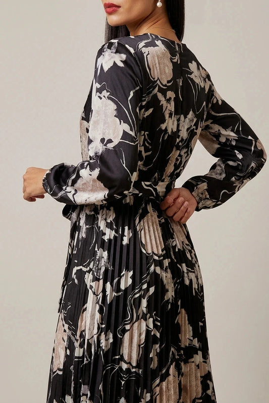 Floral Satin Pleated Midi Dress With Wrap Tie Waist V-Neck Long Sleeve