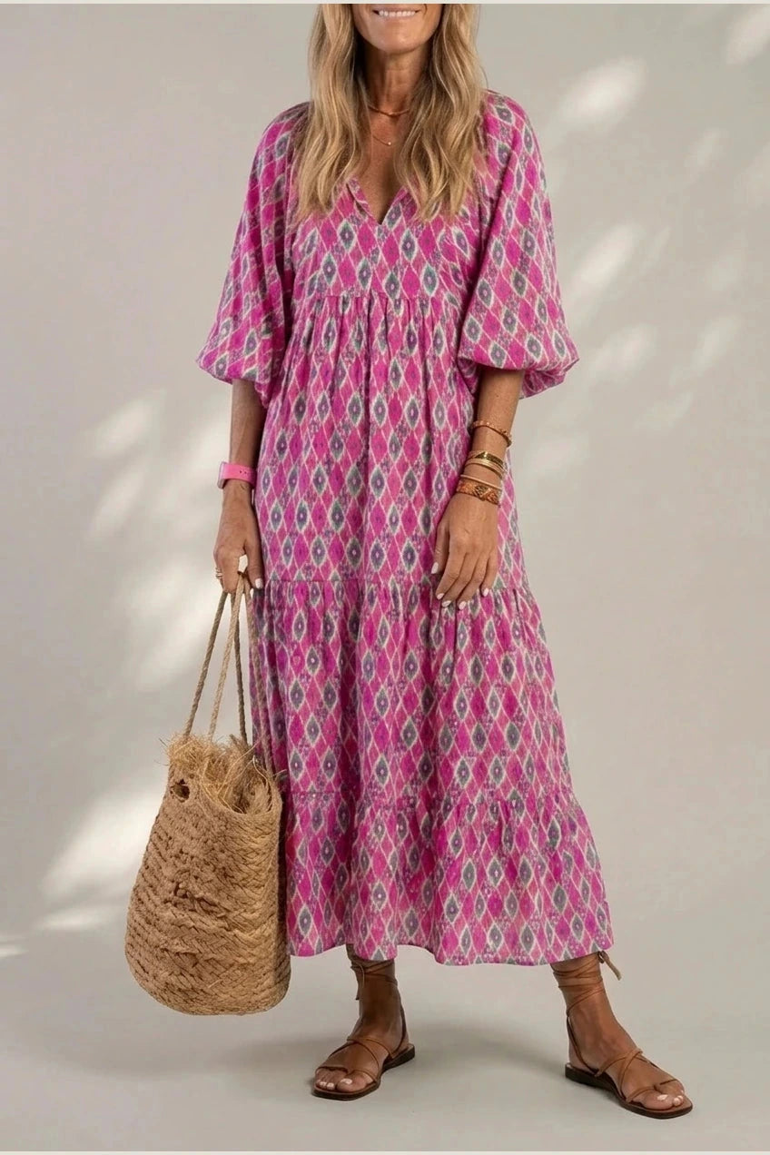 V Neck Tiered Maxi Smock Dress With Balloon Sleeves